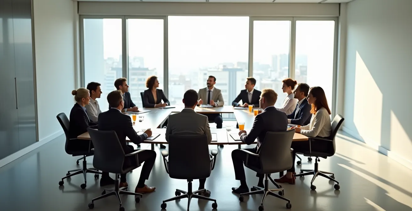 Vue d'ensemble d'une salle de réunion moderne avec des copropriétaires en assemblée générale