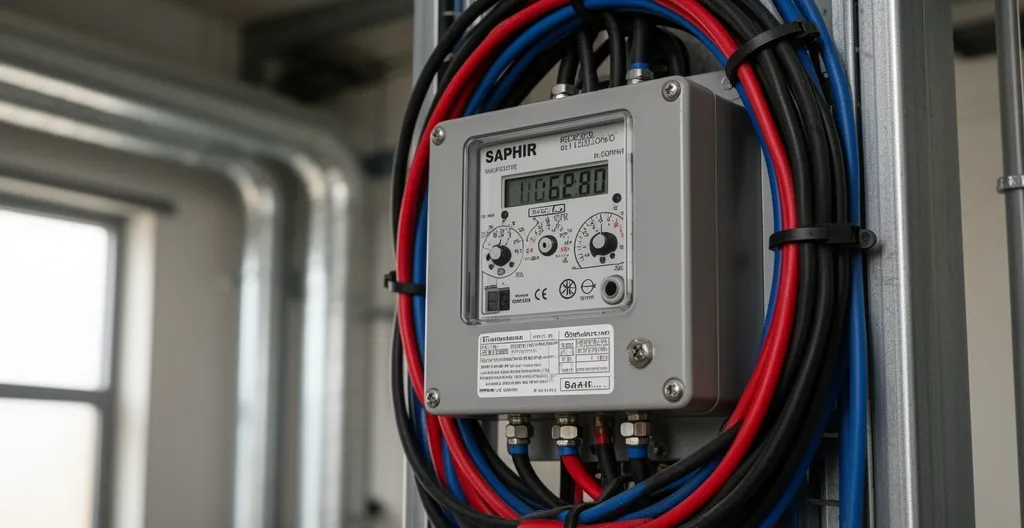 Compteur électrique industriel de type SAPHIR avec affichage numérique sur panneau technique