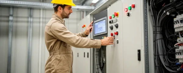 Technicien consultant un panneau de contrôle électrique HTA dans une installation industrielle