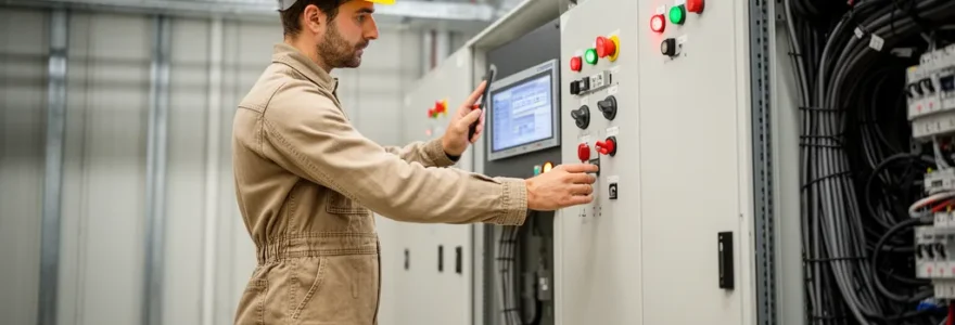 Technicien consultant un panneau de contrôle électrique HTA dans une installation industrielle
