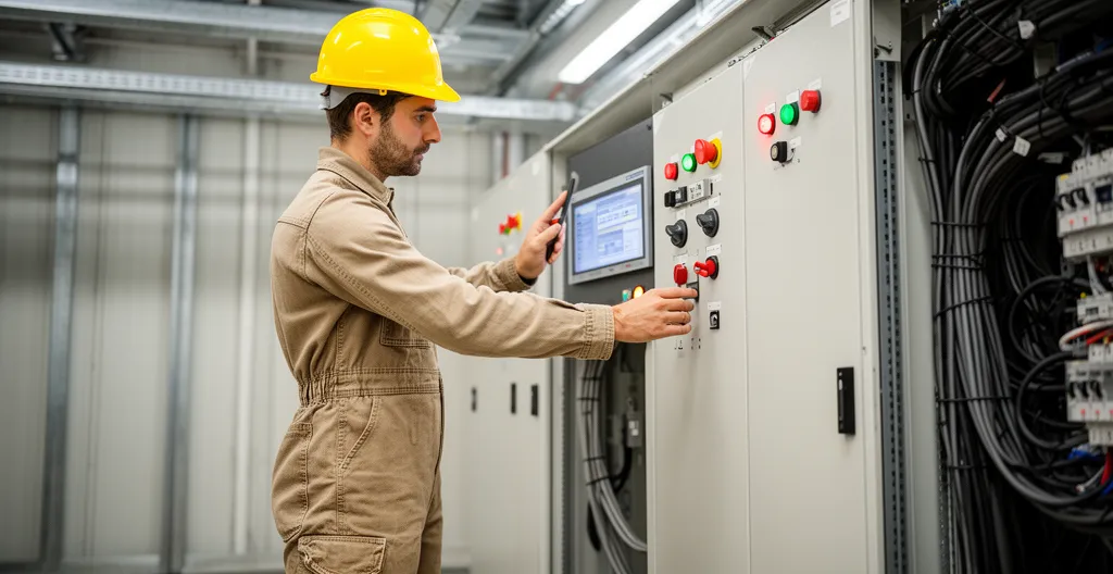 Technicien consultant un panneau de contrôle électrique HTA dans une installation industrielle