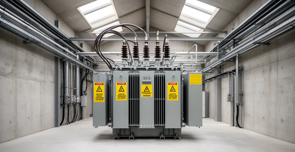 Transformateur haute tension HTA dans un poste de transformation industriel avec signalétique de sécurité
