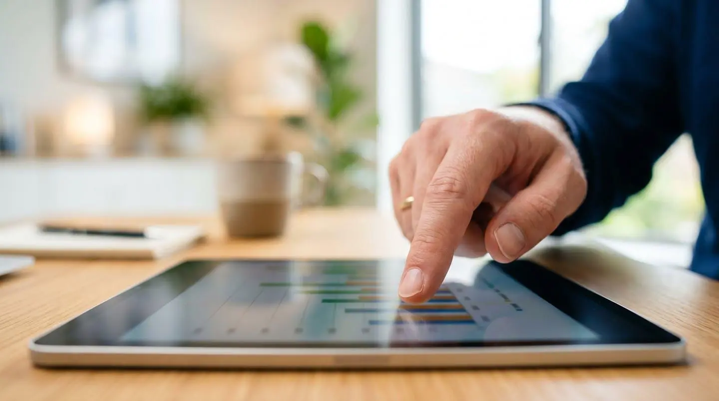 Gros plan sur une main pointant vers un graphique d'évolution de coûts sur un document posé sur un bureau, avec le contenu du graphique flouté en arrière-plan