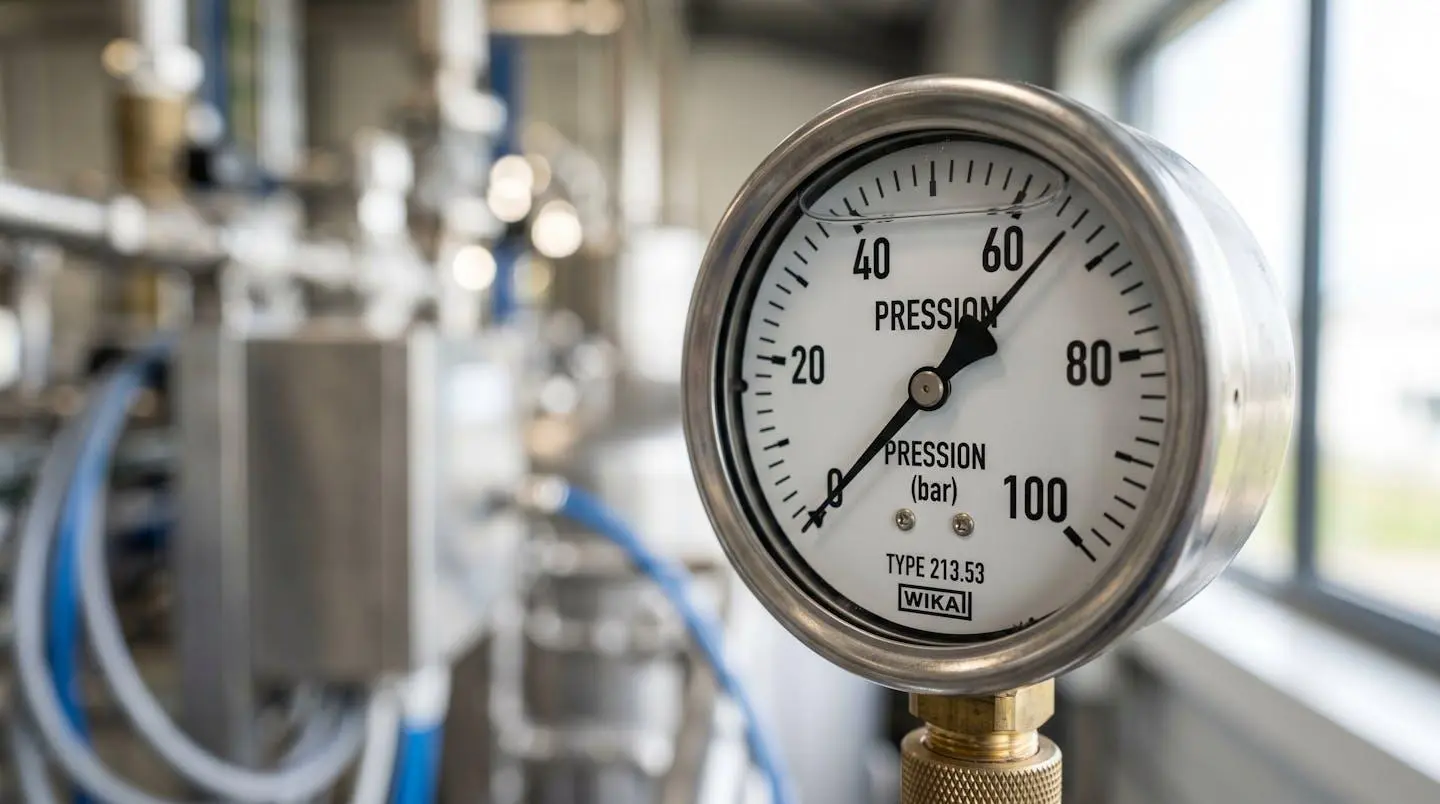 Gros plan sur un manomètre industriel de mesure de pression avec cadran gradué et aiguille rouge sur fond d'équipement métallique flouté