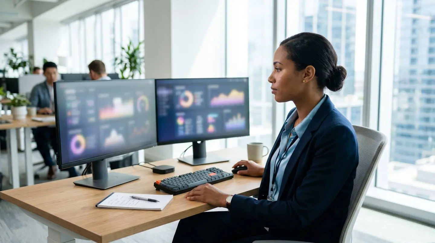 Vue de dos d'un professionnel en tenue business casual analysant des graphiques de données énergétiques sur deux écrans d'ordinateur dans un bureau moderne lumineux