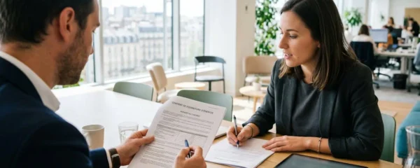Deux professionnels en réunion de travail examinent des documents contractuels sur une table, dans un bureau contemporain éclairé naturellement
