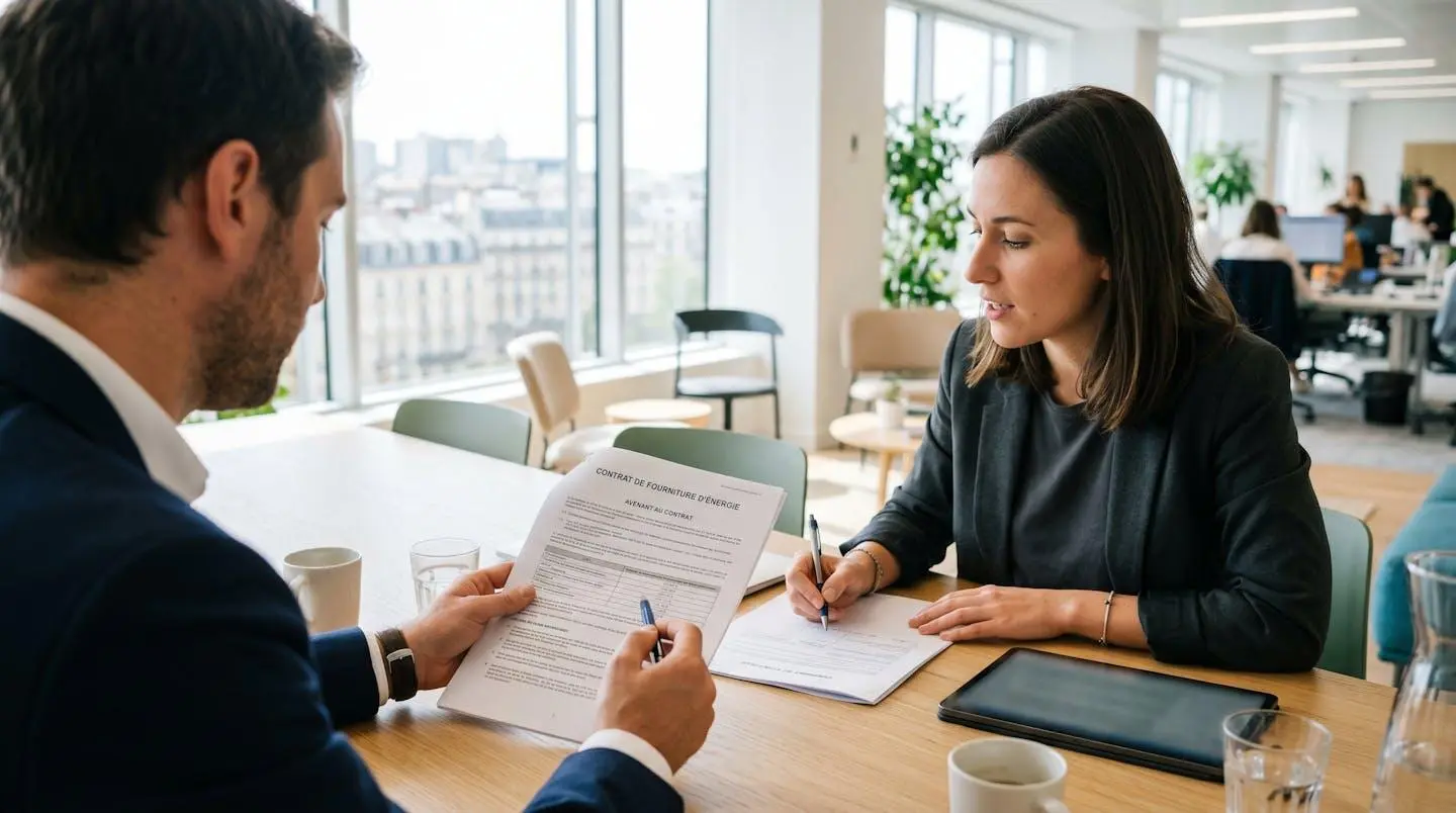 Deux professionnels en réunion de travail examinent des documents contractuels sur une table, dans un bureau contemporain éclairé naturellement