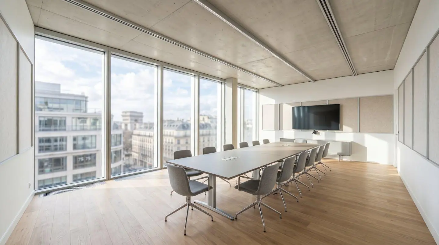 Salle de réunion d'entreprise contemporaine vide avec grande baie vitrée et mobilier minimaliste, inondée de lumière naturelle