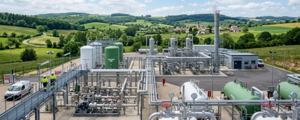 Site industriel de stockage souterrain de gaz naturel avec pipelines et vannes de régulation dans un environnement naturel vallonné