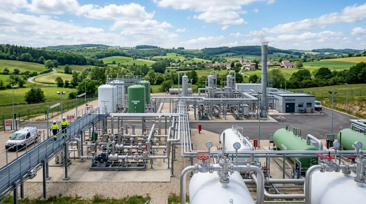 Site industriel de stockage souterrain de gaz naturel avec pipelines et vannes de régulation dans un environnement naturel vallonné