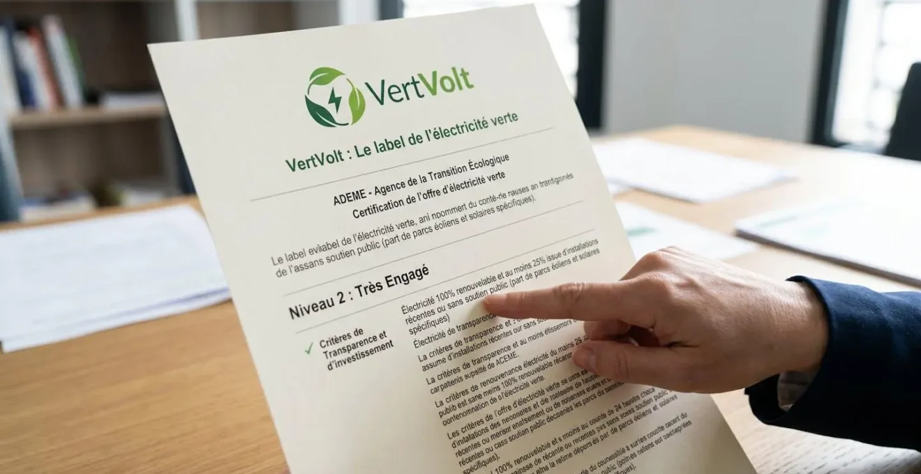 Gros plan sur document officiel ADEME présentant le label VertVolt avec niveaux de certification Engagé et Très Engagé, main pointant les critères