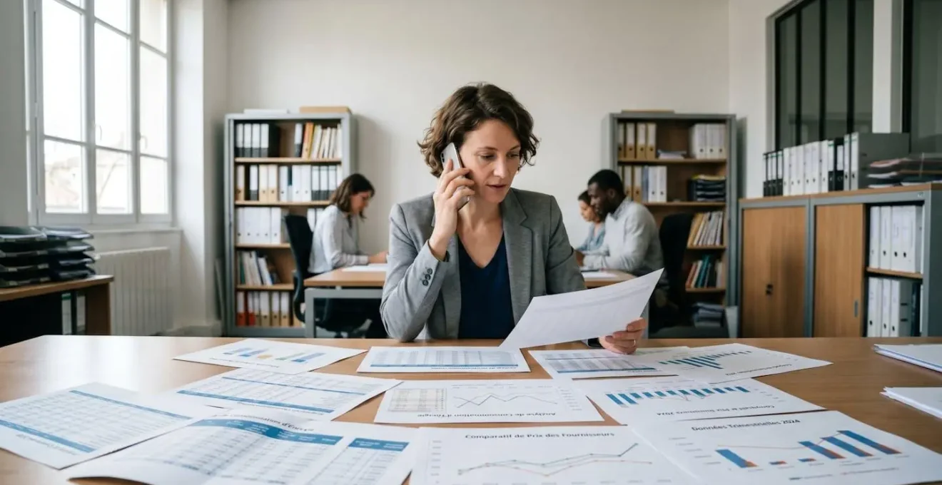 Responsable de campagne d'achat groupé dans un bureau d'association de consommateurs, table couverte de tableaux de comparaison de prix d'énergie et données de consommation