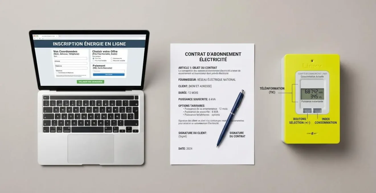 Séquence visuelle horizontale en trois étapes : ordinateur avec formulaire d'inscription, contrat d'énergie avec stylo, compteur électrique Linky