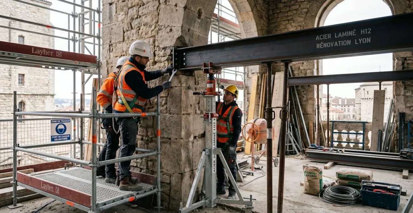 Chantier de pose d'une poutre IPN métallique dans un mur porteur en pierre avec étaiements de sécurité et ouvrier en équipement de protection