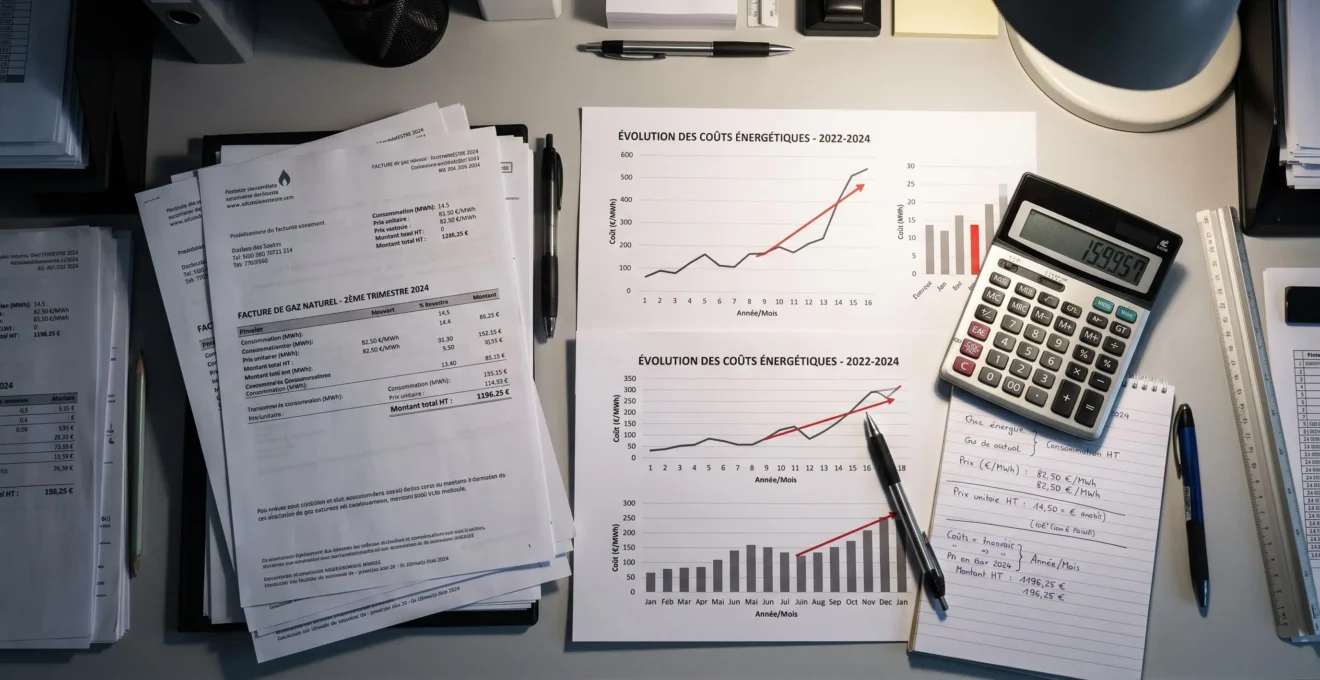 Pile de factures d'énergie avec calculatrice et graphiques montrant l'évolution des coûts énergétiques sur un bureau professionnel