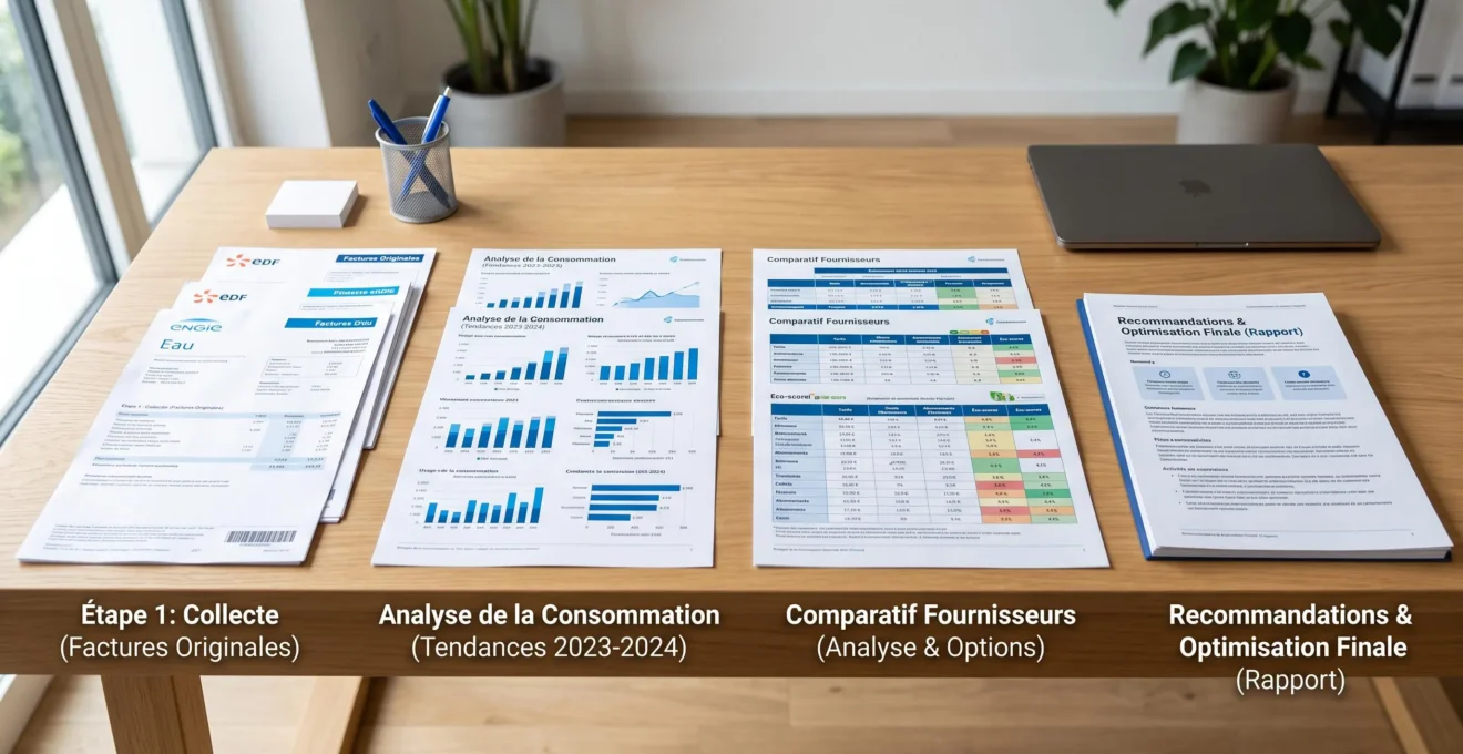 Processus d'audit organisé en étapes successives avec documents, analyses de consommation, comparatifs fournisseurs et rapport final disposés horizontalement