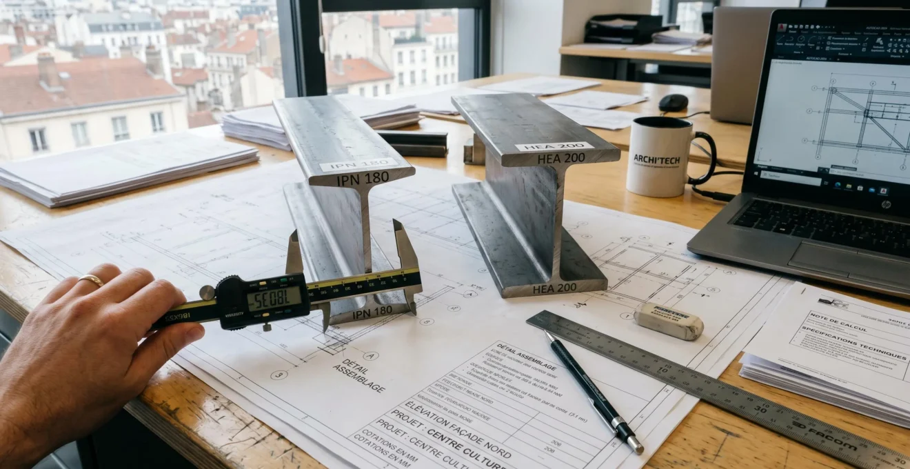 Sections de profils métalliques IPN et HEA sur table de bureau d'études avec plans techniques et instruments de mesure