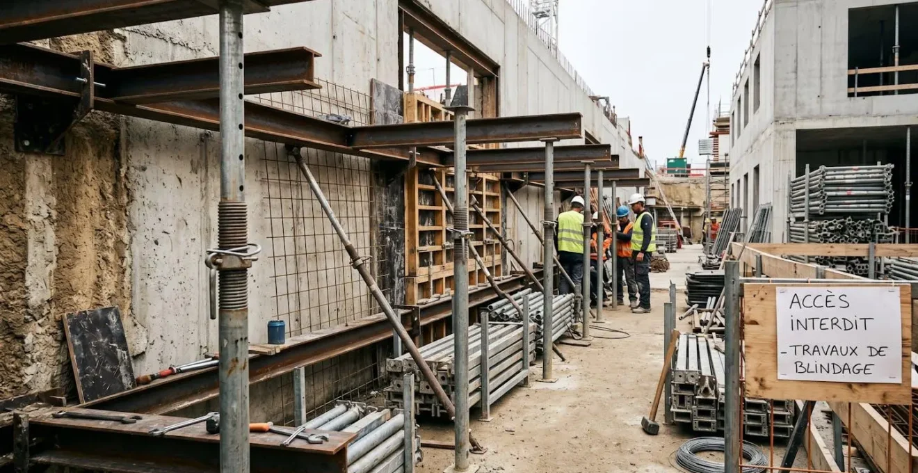 Système d'étaiement métallique professionnel avec vérins réglables sécurisant une ouverture de mur porteur en cours de travaux