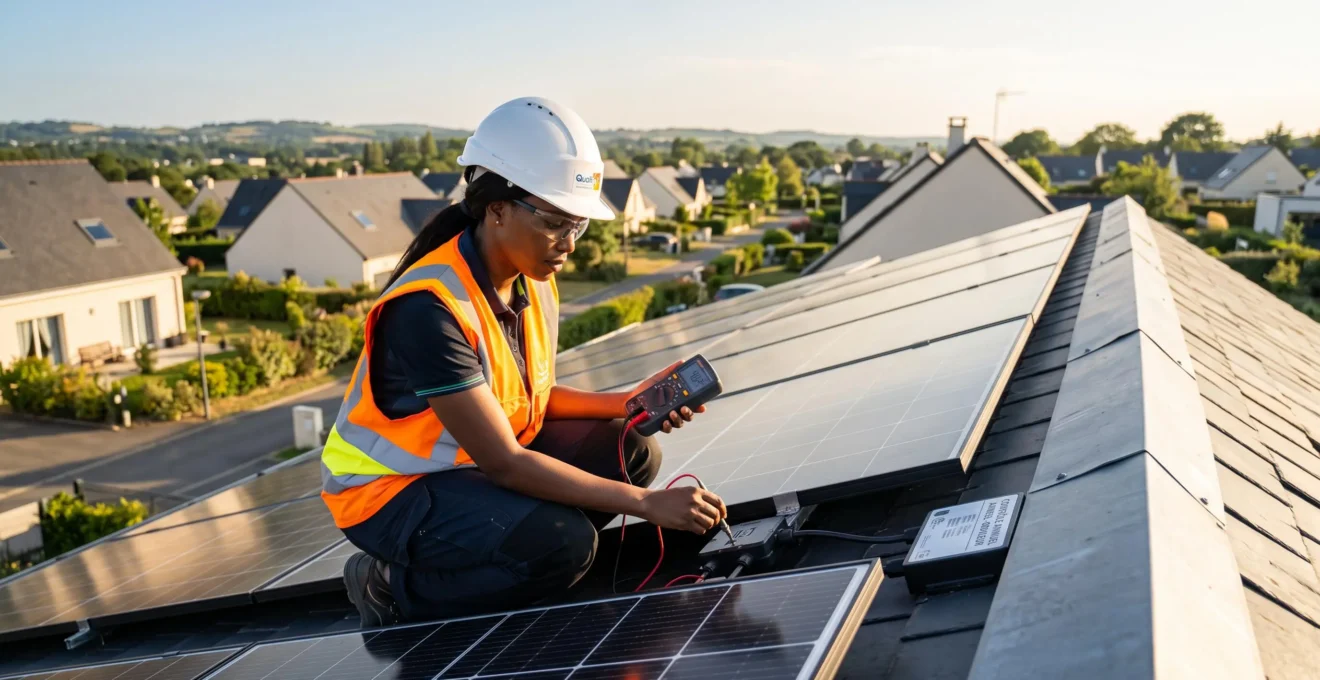 Technicien en équipement de sécurité effectuant une inspection de maintenance sur une installation de panneaux solaires photovoltaïques en toiture résidentielle, dans un environnement péri-urbain français sous lumière naturelle