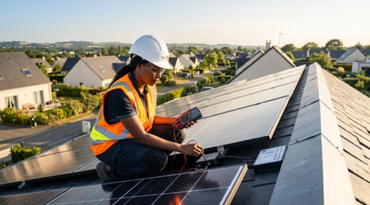 Technicien en équipement de sécurité effectuant une inspection de maintenance sur une installation de panneaux solaires photovoltaïques en toiture résidentielle, dans un environnement péri-urbain français sous lumière naturelle