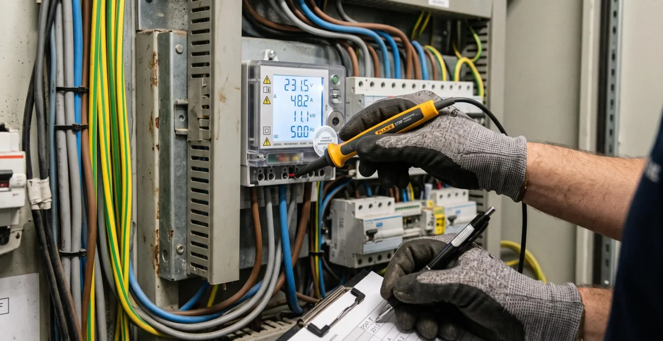 Mains d'un auditeur énergétique relevant des données sur un compteur électrique industriel avec un outil de mesure