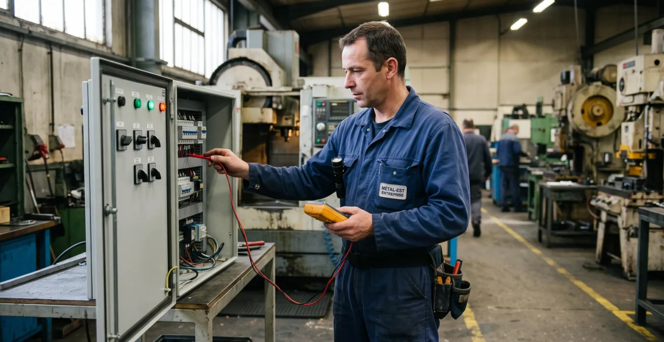 Technicien de maintenance inspectant un tableau électrique industriel dans un atelier de PME française
