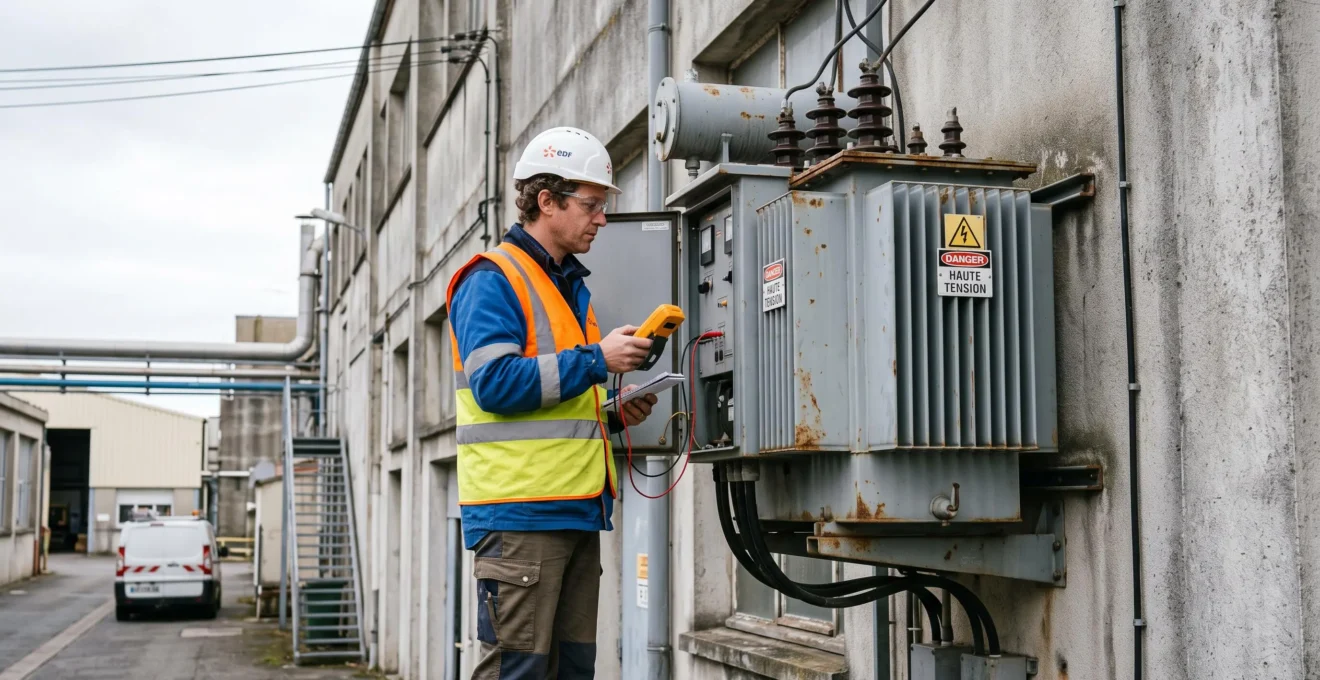 Technicien électricien inspectant un transformateur industriel installé sur la façade d'un bâtiment de PME