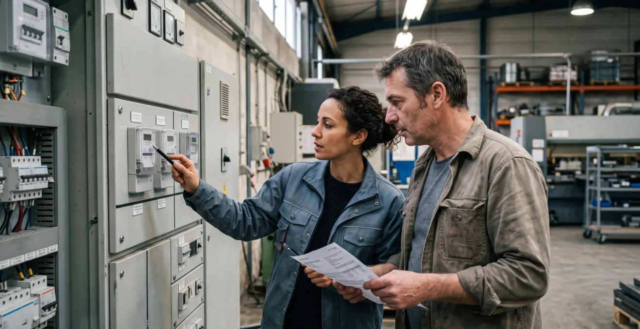 Un consultant en énergie et un gestionnaire d'usine examinent un compteur électrique et un tableau basse tension dans une usine française.
