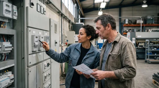 Un consultant en énergie et un gestionnaire d'usine examinent un compteur électrique et un tableau basse tension dans une usine française.