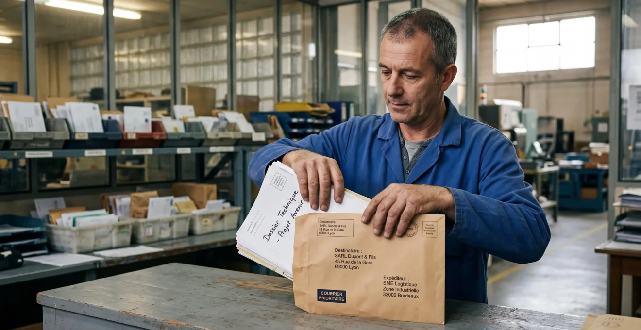 Un employé glisse un dossier relié dans une enveloppe kraft sur un comptoir de courrier d'une PME.