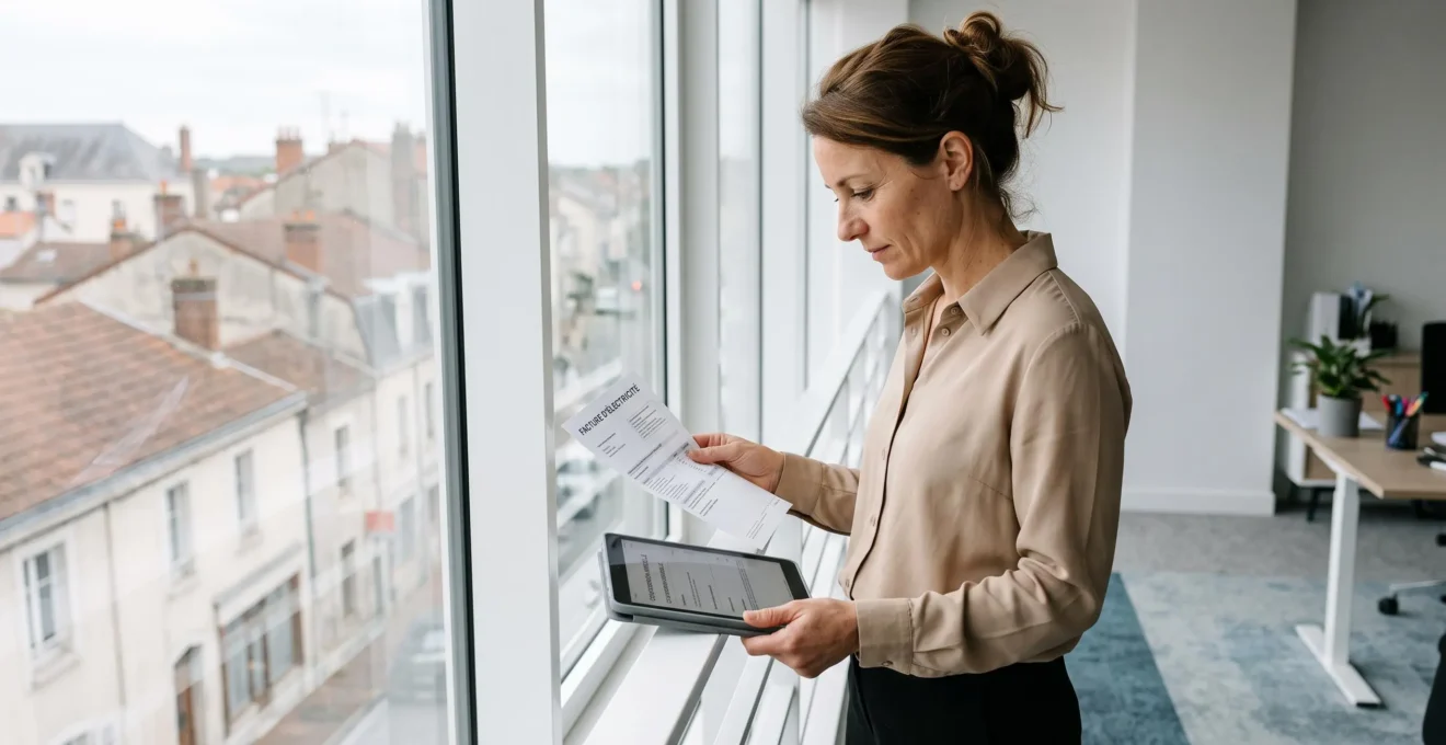 Une administratrice debout près d'une fenêtre de bureau compare un tableau affiché sur sa tablette avec une facture d'électricité imprimée.