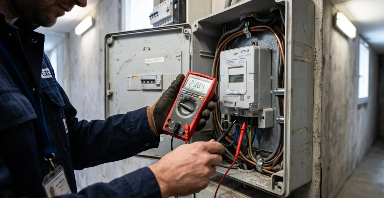 Des mains de technicien mesurent un compteur électrique avec un multimètre dans un coffret électrique.