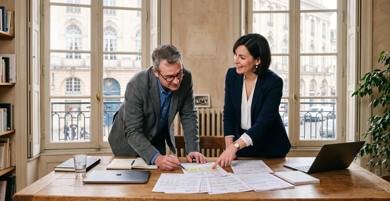 Un consultant en énergie explique une facture d'électricité à un chef d'entreprise dans un bureau.