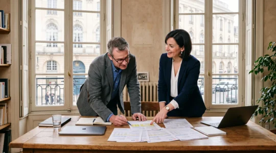 Un consultant en énergie explique une facture d'électricité à un chef d'entreprise dans un bureau.