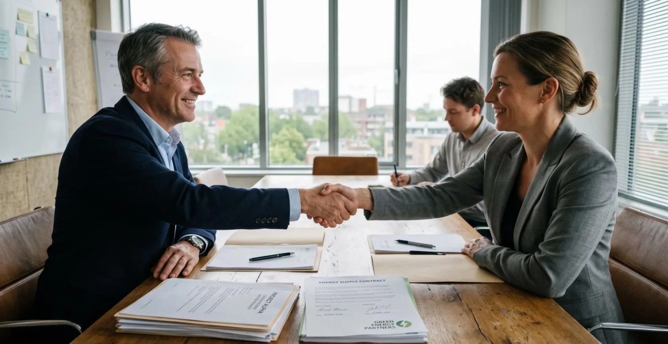Un chef d'entreprise et un consultant se serrent la main au-dessus d'un contrat.
